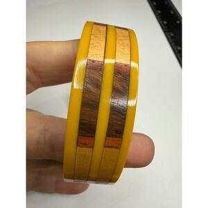 Mustard Yellow Resin Bangle Bracelet with Mixed Wood Inlay Detail